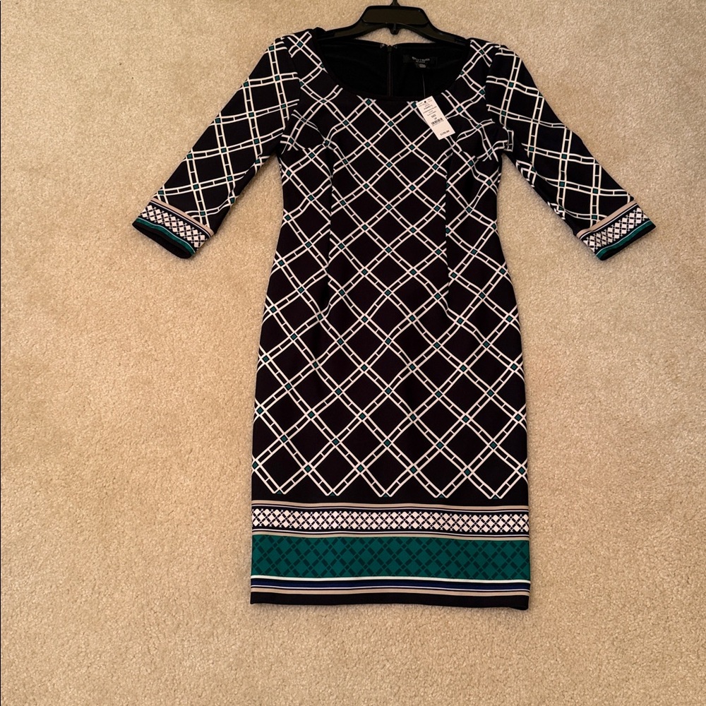 White House Black Market Black & White Geometric Sheath Dress with Teal Trim